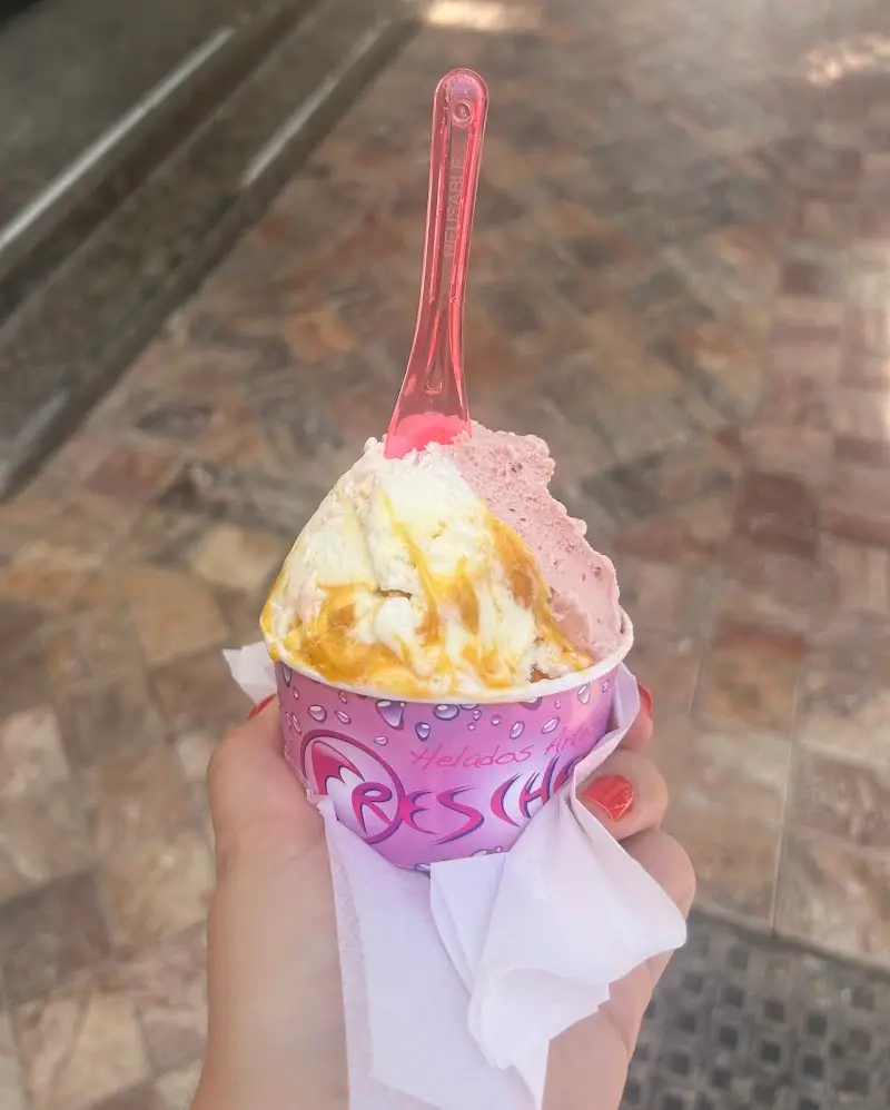 Tarrina con dos bolas de helado artesano, una con sirope, y cucharilla rosa