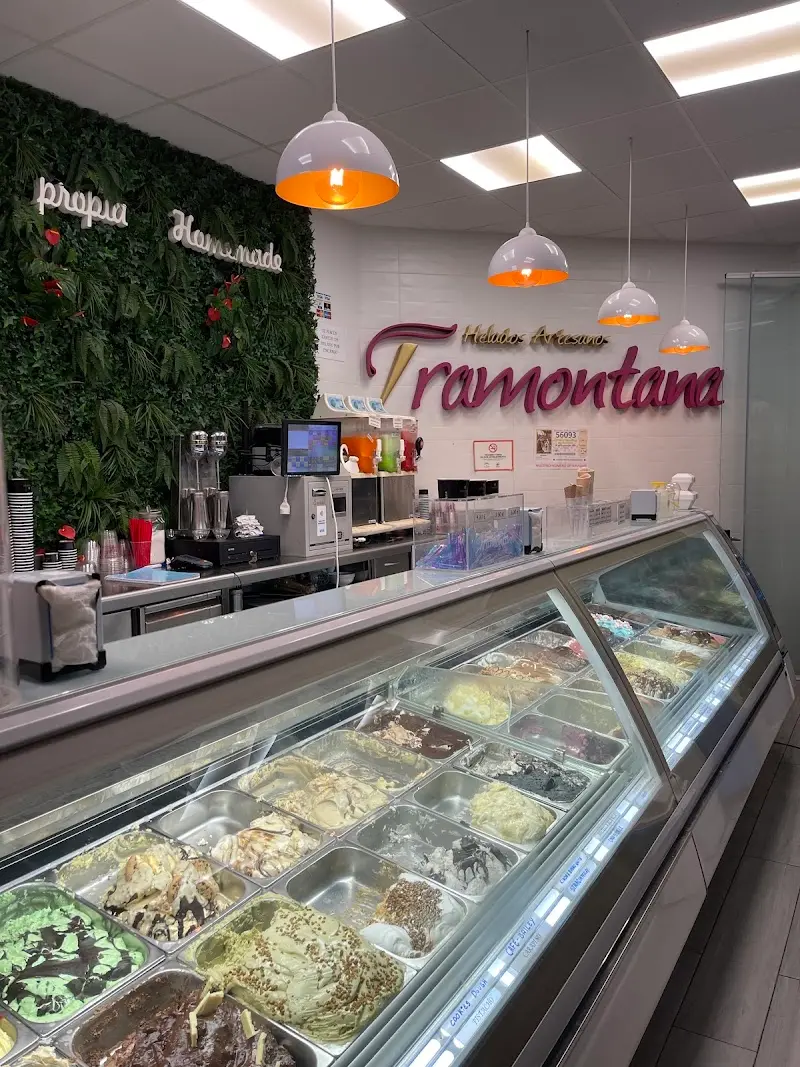 Interior con larga vitrina de helados artesanos, lámparas colgantes y pared vegetal
