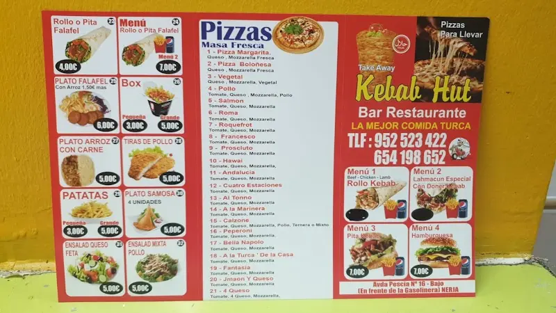 Carta de Kebab Hut con pizzas de masa fresca, menús de kebab y platos con precios