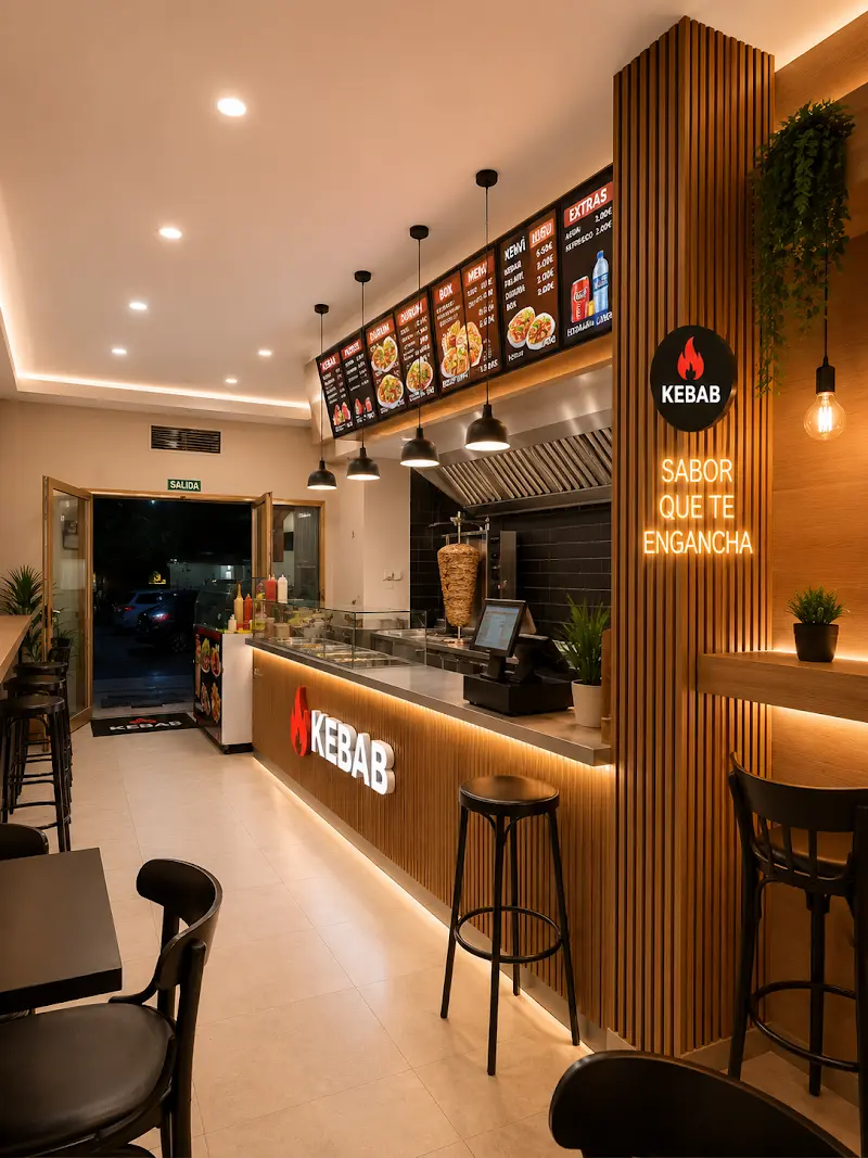 Interior con barra de madera iluminada, asador de kebab y paneles de carta sobre el mostrador