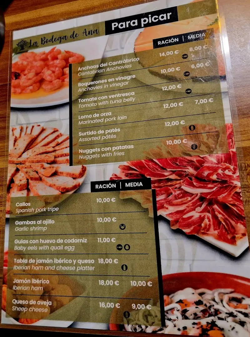 Carta «Para picar» con precios de raciones y medias: anchoas, gambas al ajillo, jamón ibérico