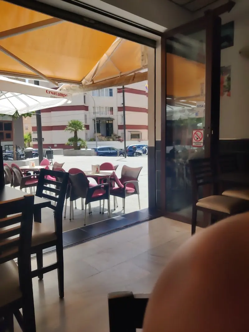 Vista de la terraza desde el interior, con toldo amarillo, sillas granates y una palmera