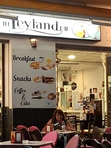 Rótulo de Leyland sobre la entrada y cartel de desayunos, snacks, café y tartas