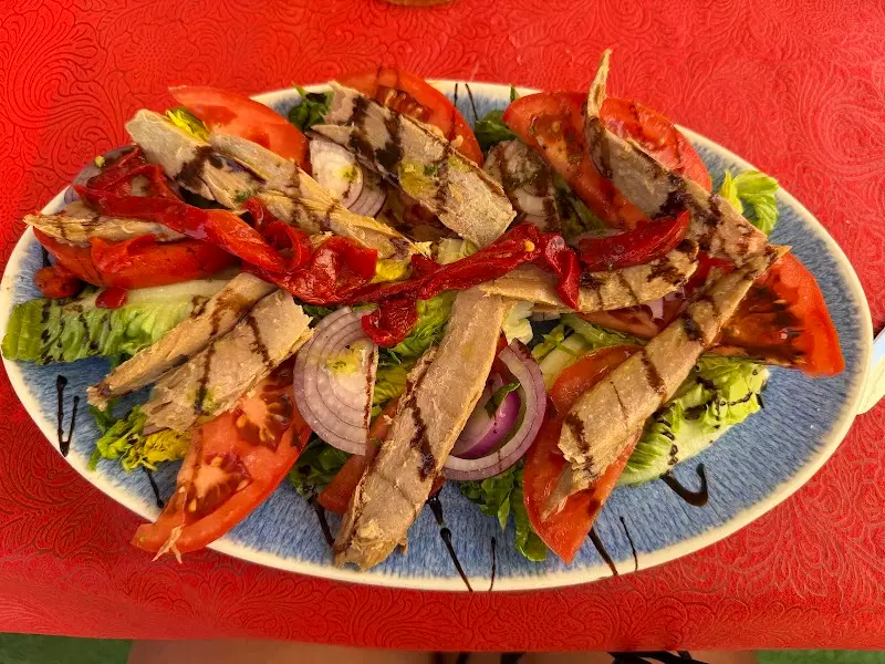 Ensalada con caballa, pimientos asados, tomate y cebolla morada sobre mantel rojo