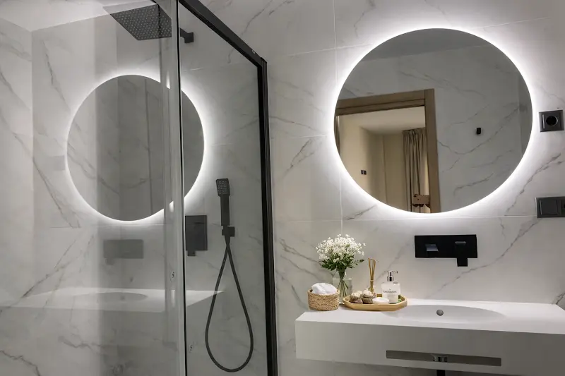 Baño de mármol blanco con ducha acristalada, espejo redondo iluminado y lavabo suspendido