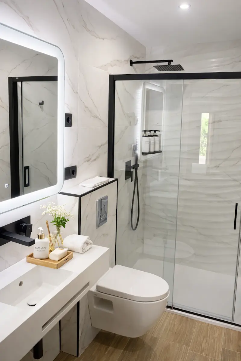 Baño con ducha de cristal y grifería negra, inodoro suspendido y espejo con luz