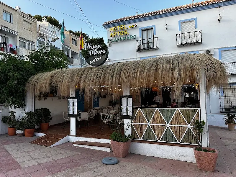 Entrada de la Pizzería Playamaro con techo de cañizo, junto al hotel del mismo nombre en Maro