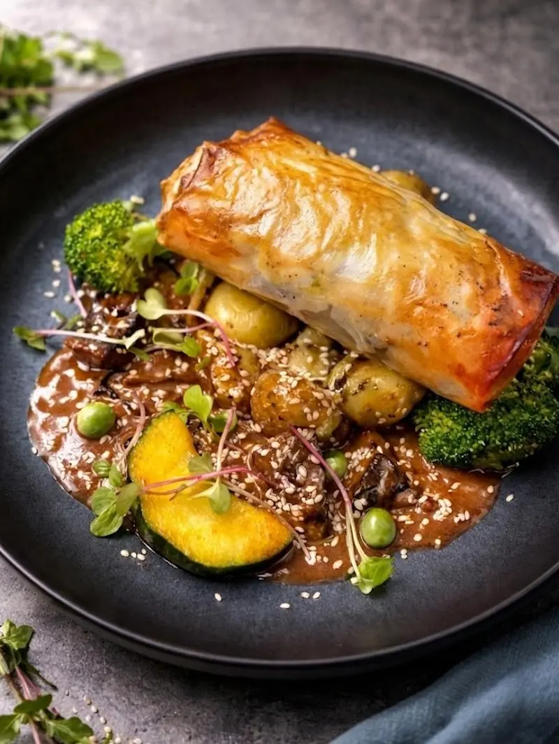 Hojaldre crujiente sobre guiso de carne con brócoli, calabacín, guisantes y sésamo