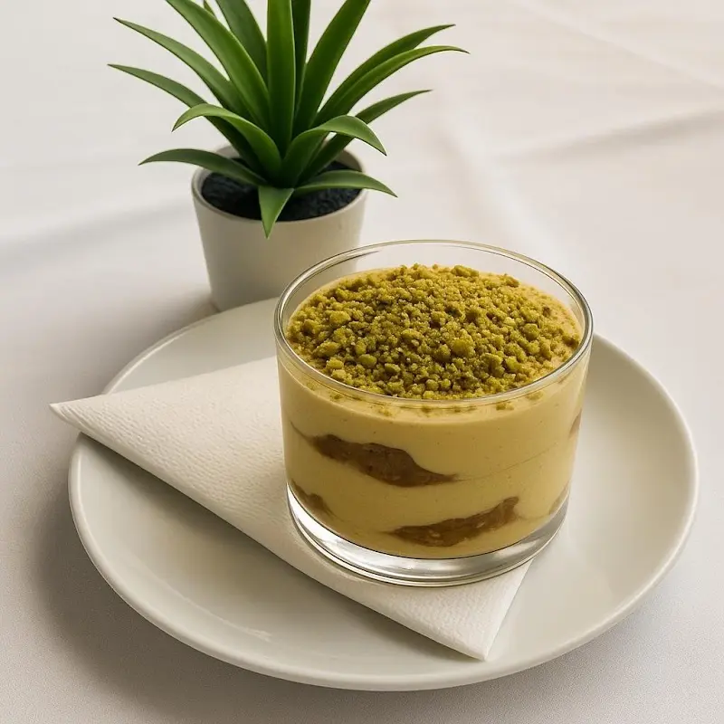 Vasito de tiramisú de pistacho con pistacho picado por encima