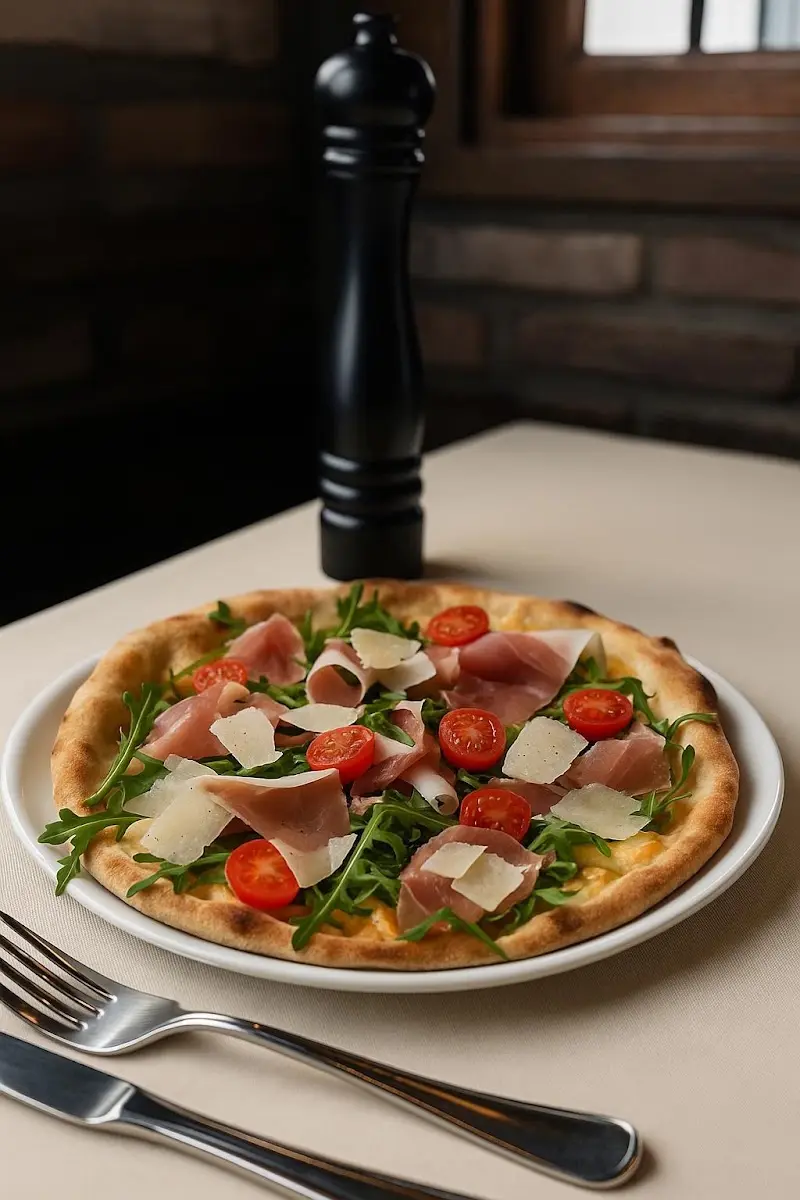 Pizza con jamón curado, rúcula, tomates cherry y lascas de parmesano