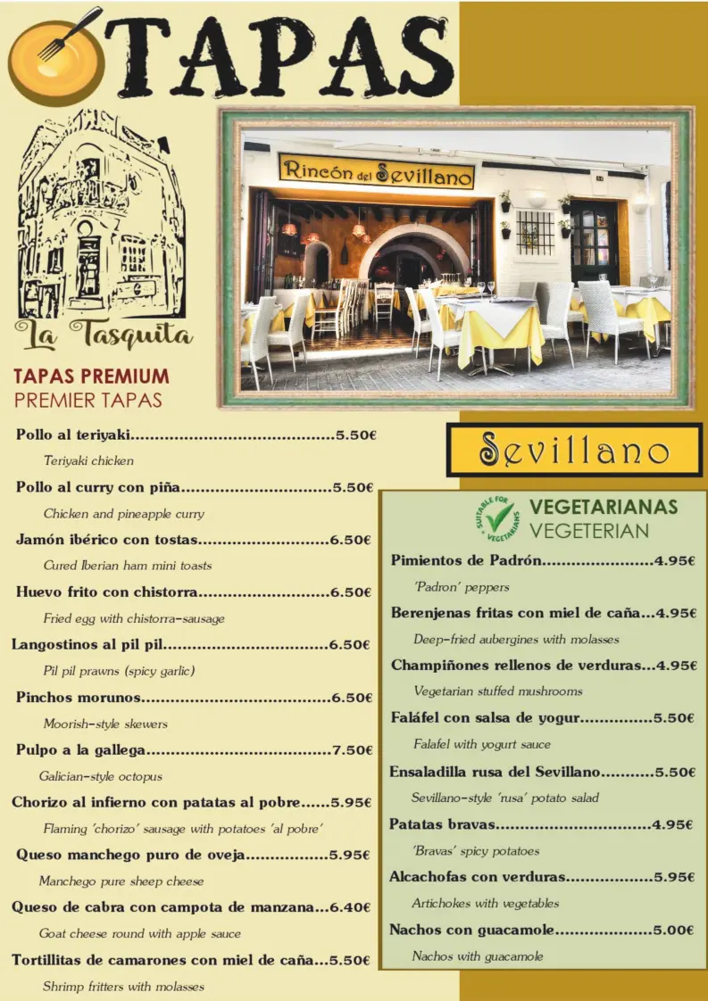 Carta de tapas con precios: tapas premium como pulpo a la gallega y opciones vegetarianas