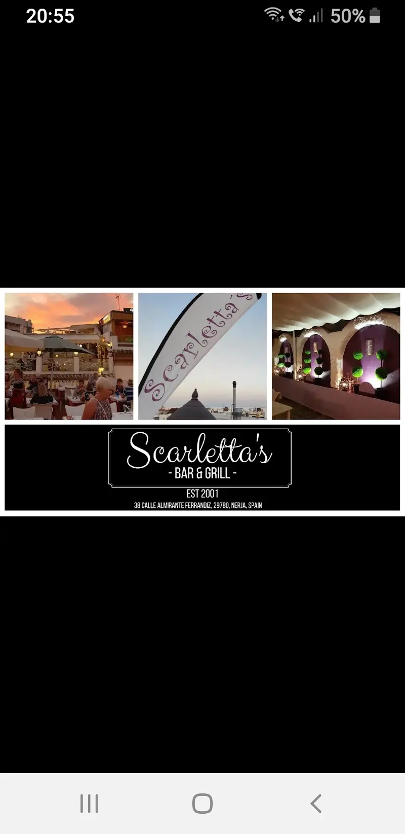Captura de móvil con un collage de la terraza y el logo de Scarlettas Bar & Grill