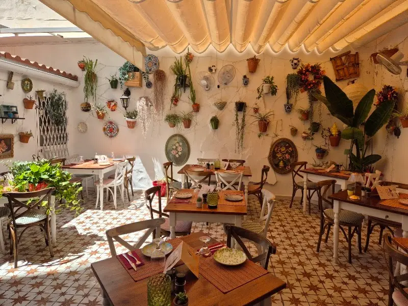 Patio interior con macetas y platos de cerámica en las paredes y suelo de baldosas