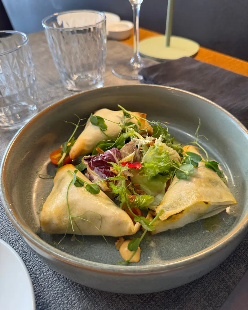 Triángulos de pasta filo con ensalada de brotes y verduras en un plato hondo