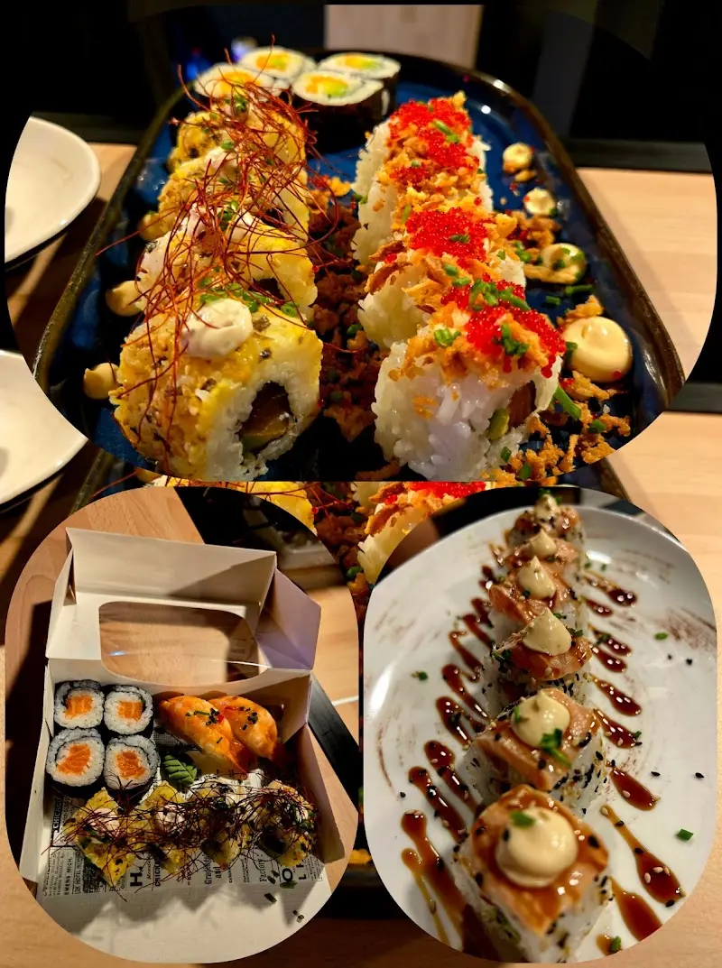 Collage de uramakis con huevas y crujiente, una caja de sushi para llevar y rolls flambeados