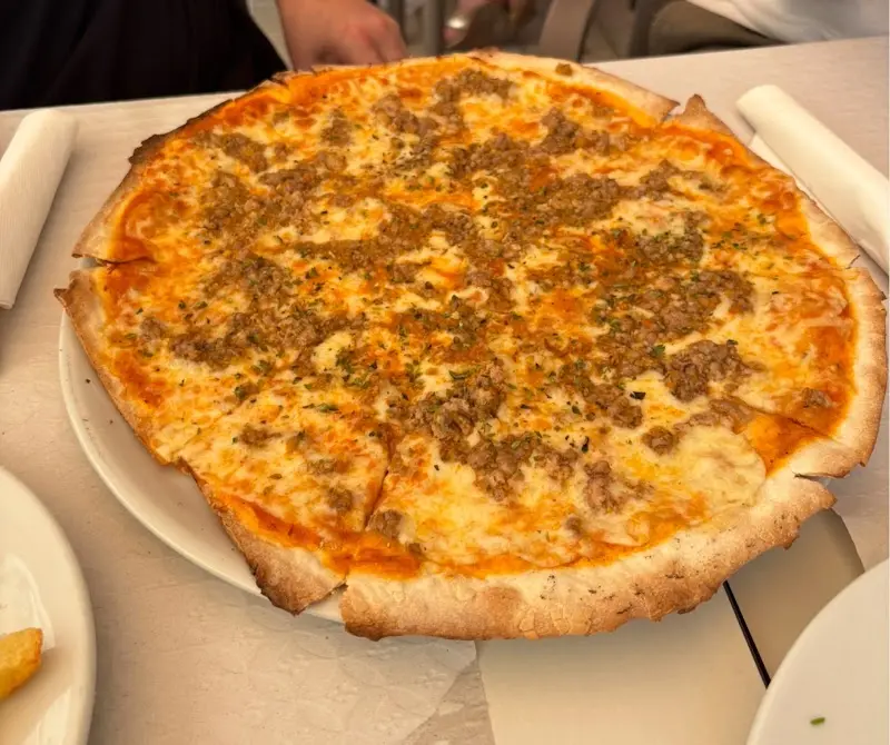 Pizza de masa fina con carne picada, tomate y queso fundido