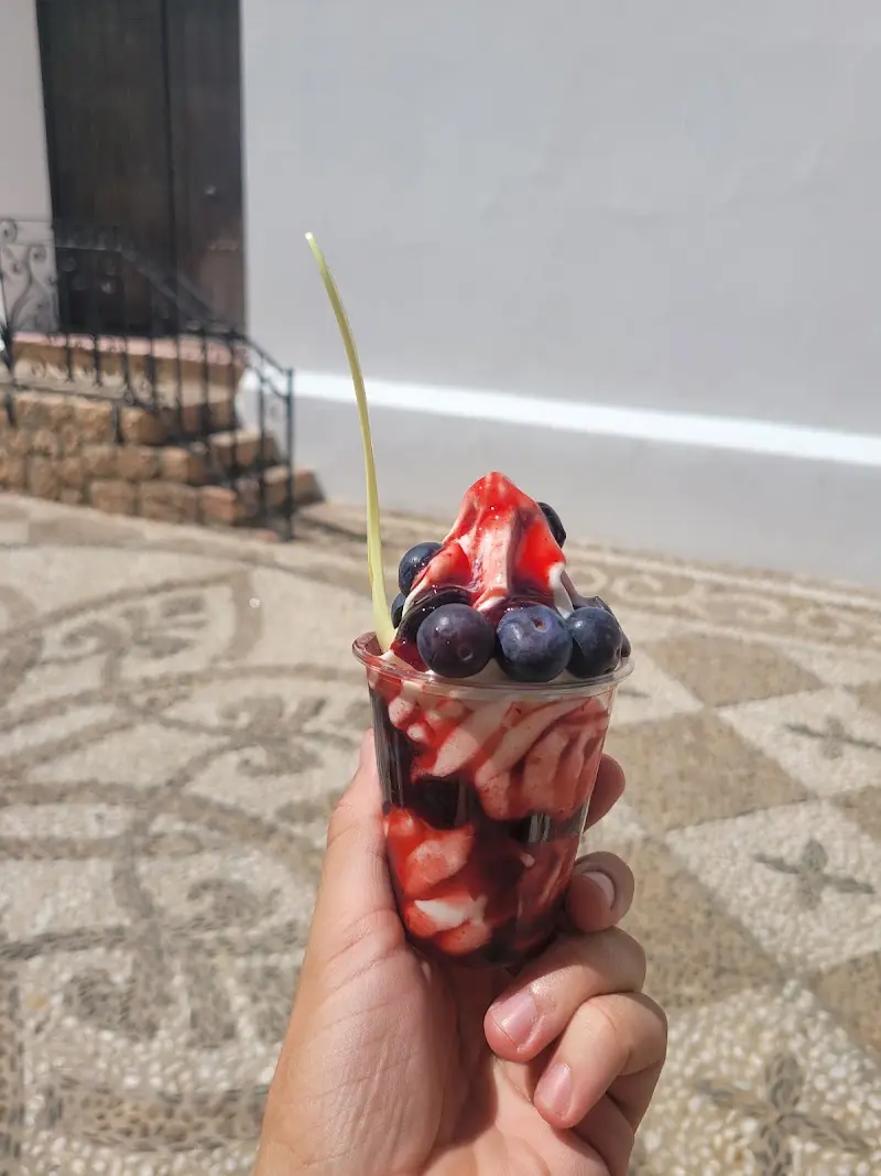 Vaso de yogur helado con sirope de frutos rojos y arándanos sobre un empedrado