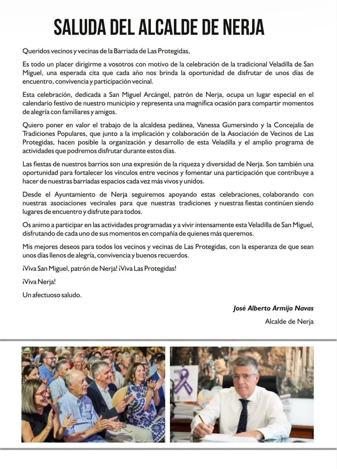 Programa de la Veladilla de San Miguel: saluda del alcalde de Nerja, José Alberto Armijo