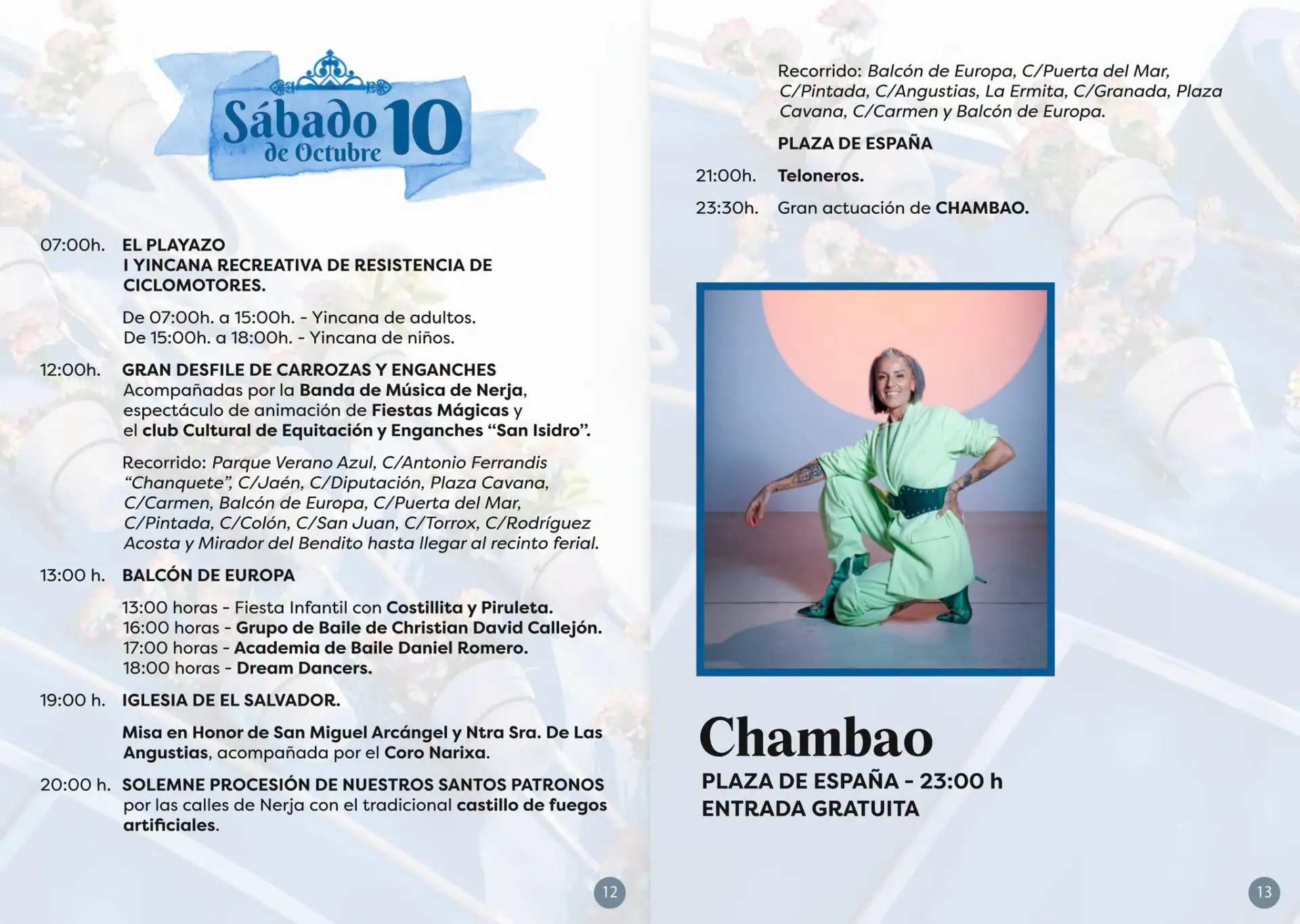 Programa de la Feria de Nerja 2026 del sábado 10 de octubre y concierto de Chambao