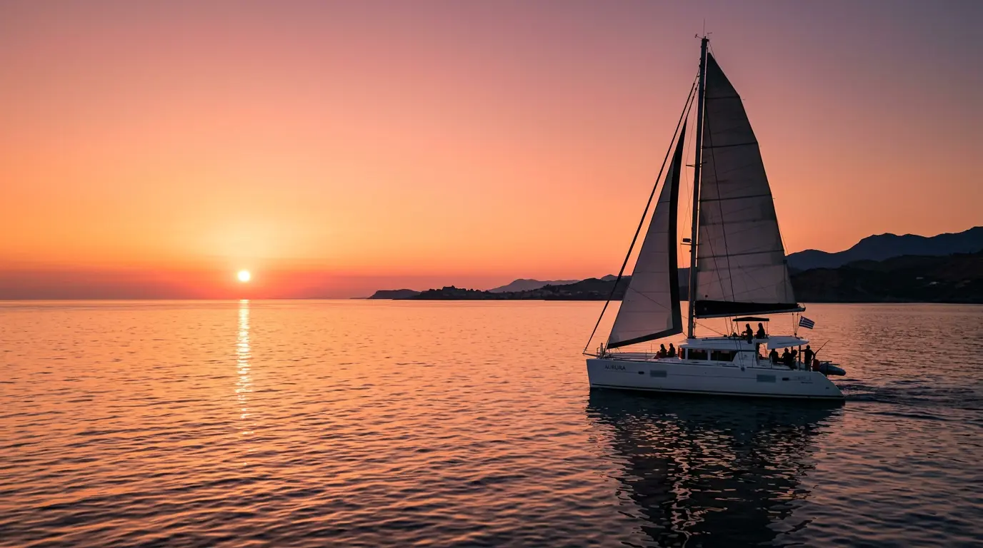 Catamarán a vela navegando al atardecer, con el sol poniéndose sobre el mar y la costa al fondo