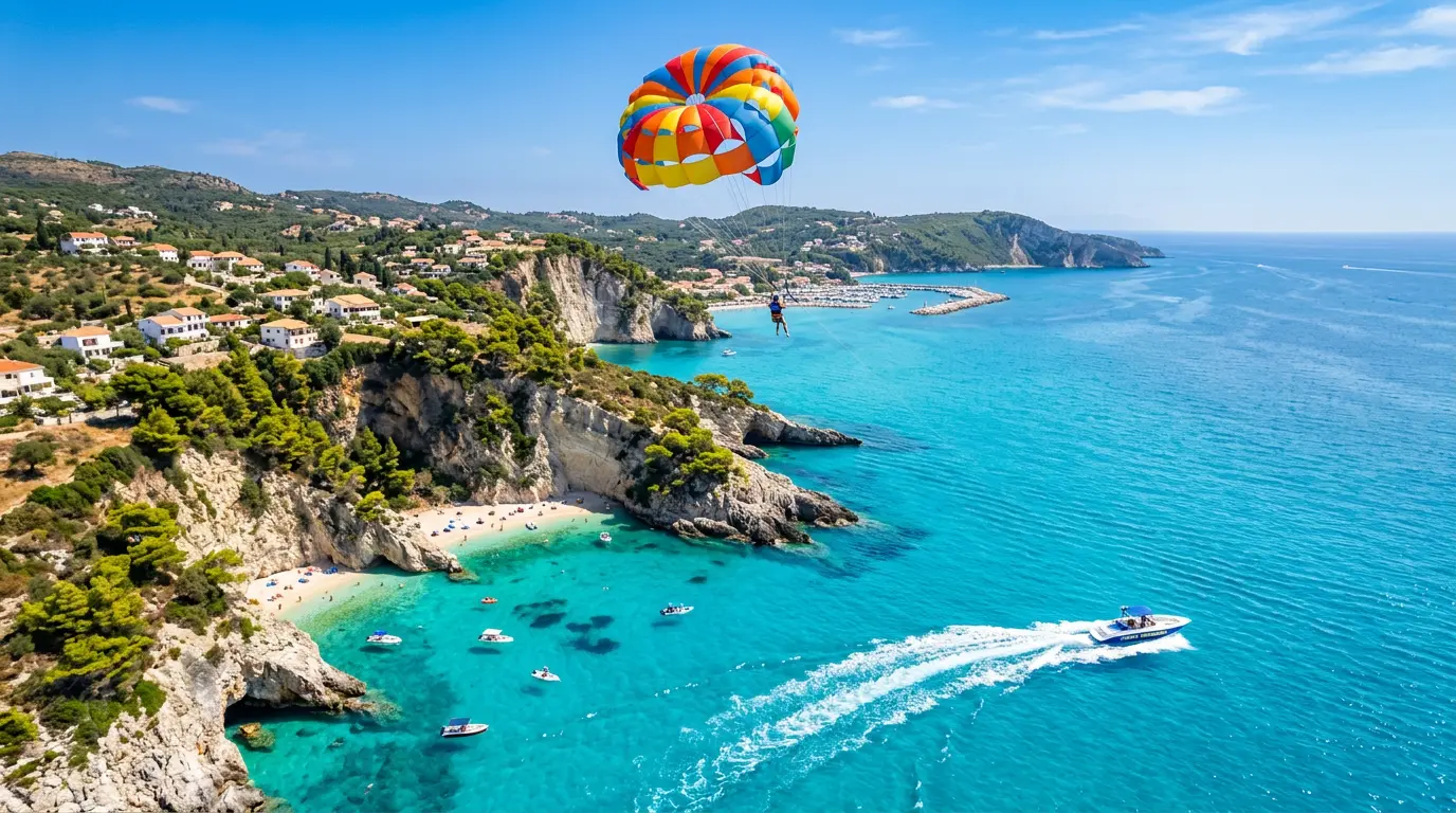 Parapente de colores remolcado por una lancha sobre aguas turquesa junto a calas y acantilados