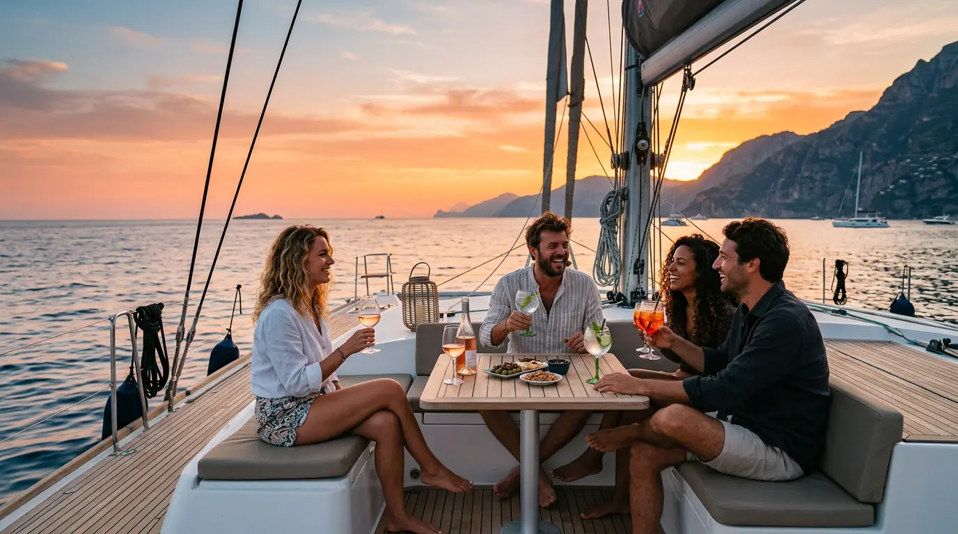Grupo brindando en la cubierta de un catamarán durante el paseo al atardecer