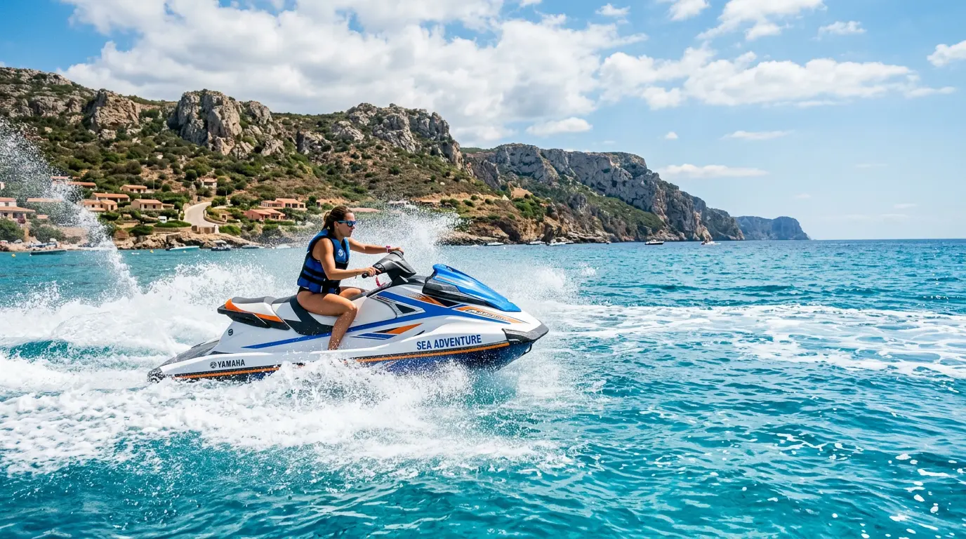 Moto de agua surcando el mar turquesa junto a una costa rocosa con casas en la ladera