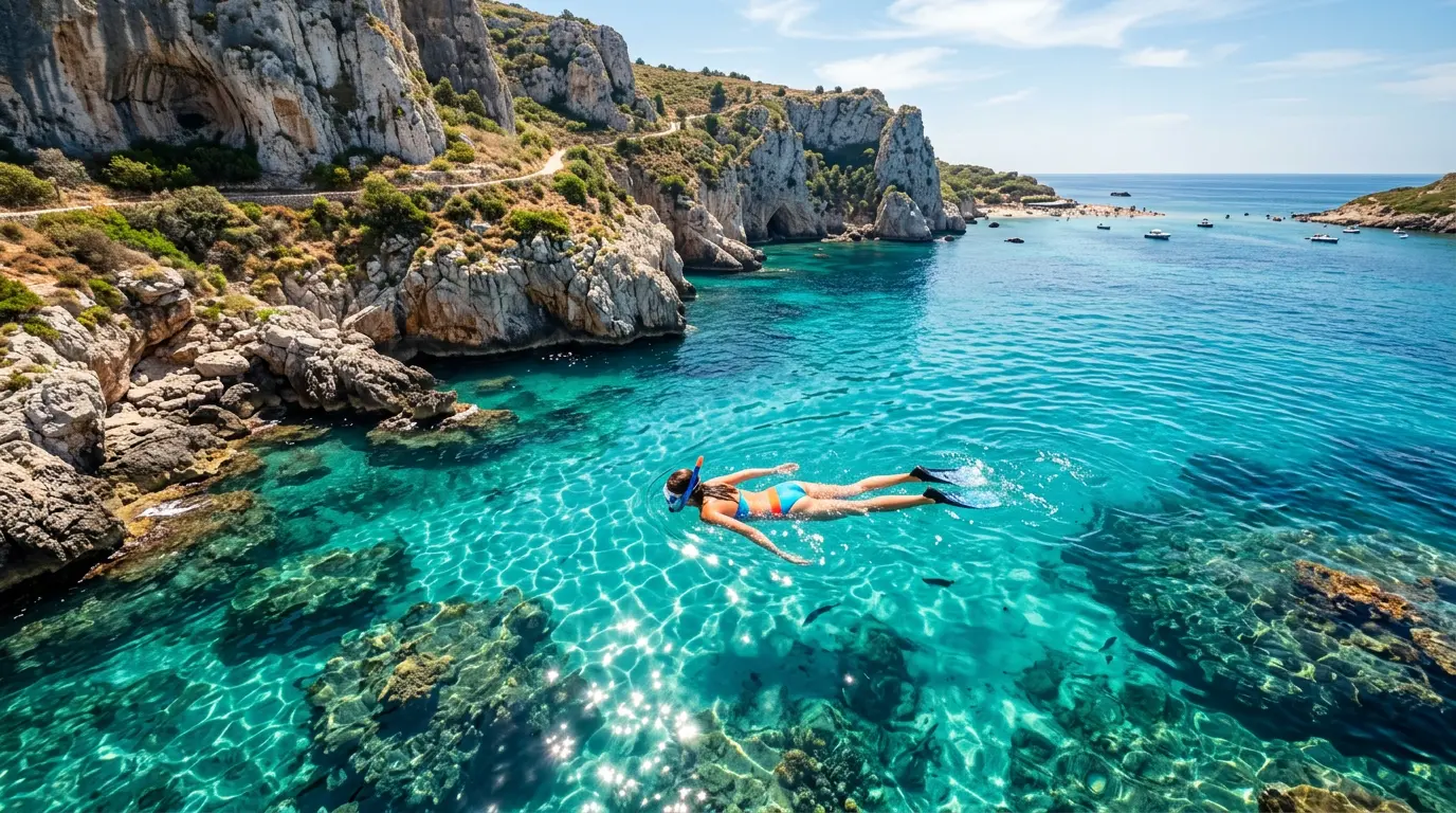 Bañista haciendo snorkel en aguas cristalinas junto a acantilados de roca caliza