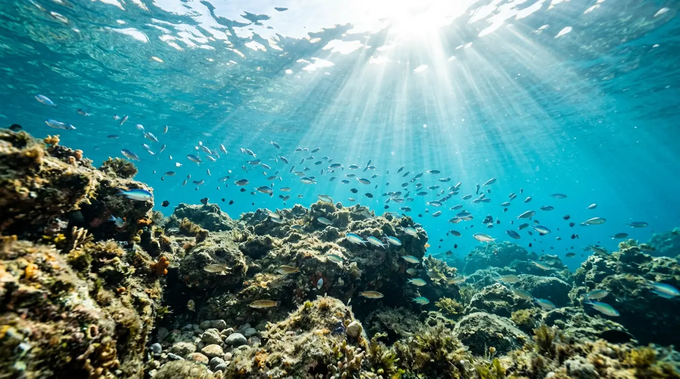 Banco de peces sobre fondo rocoso con rayos de sol atravesando el agua