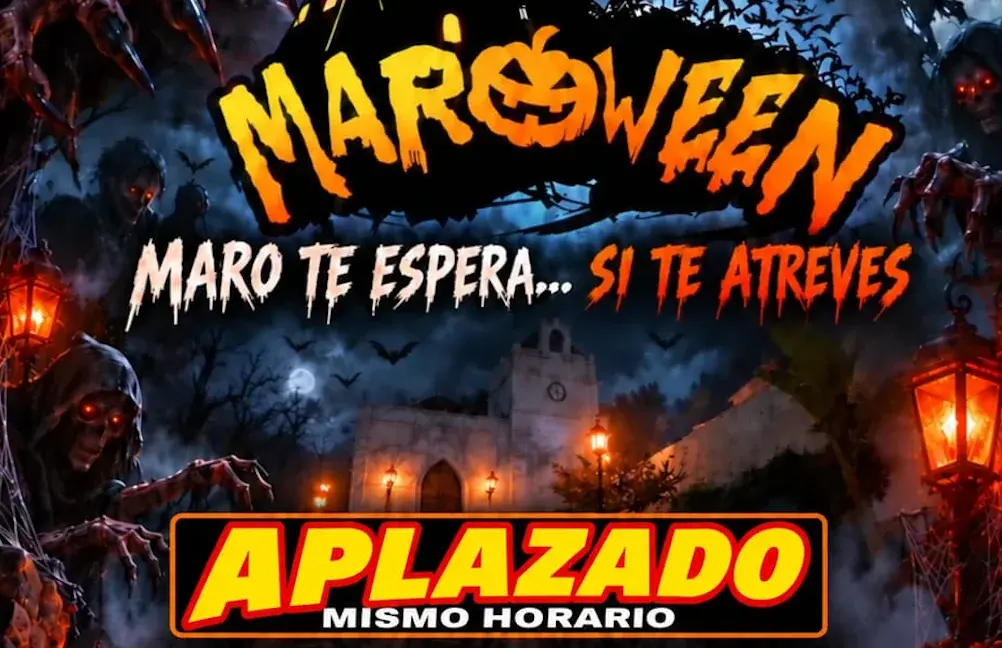 Cartel del Ayuntamiento de Nerja con el título de Maroween, el lema «Maro te espera… si te atreves» y el sello «APLAZADO · MISMO HORARIO»: la fiesta pasa del sábado 31 de octubre al domingo 1 de noviembre de 2026