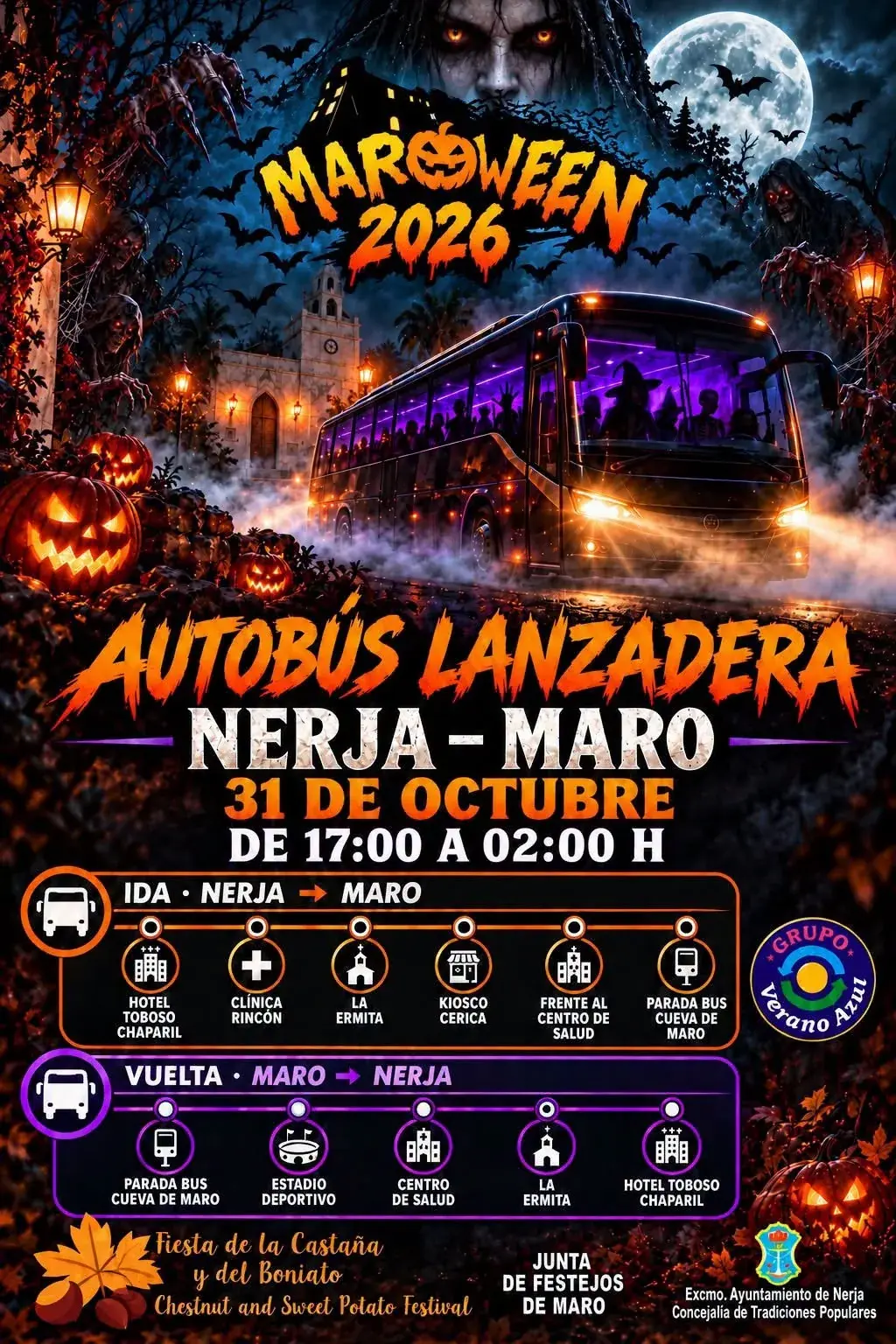 Cartel del autobús lanzadera Nerja–Maro de Maroween 2026, anunciado para el 31 de octubre de 17:00 a 02:00. Ida: Hotel Toboso Chaparil, Clínica Rincón, La Ermita, Kiosco Cerica, frente al Centro de Salud y parada de bus de la Cueva de Maro. Vuelta: Cueva de Maro, Estadio Deportivo, Centro de Salud, La Ermita y Hotel Toboso Chaparil