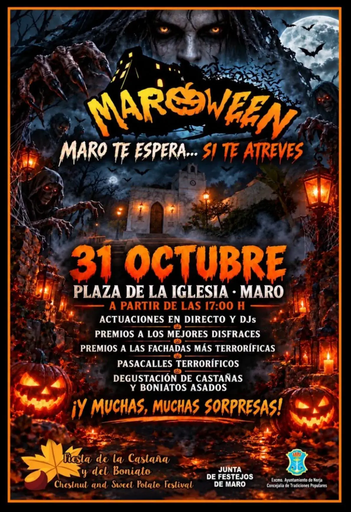 Cartel original de Maroween 2026: «Maro te espera… si te atreves». 31 de octubre en la Plaza de la Iglesia de Maro a partir de las 17:00, con actuaciones en directo y DJs, premios a los mejores disfraces y a las fachadas más terroríficas, pasacalles terroríficos y degustación de castañas y boniatos asados. La fecha se ha aplazado al 1 de noviembre