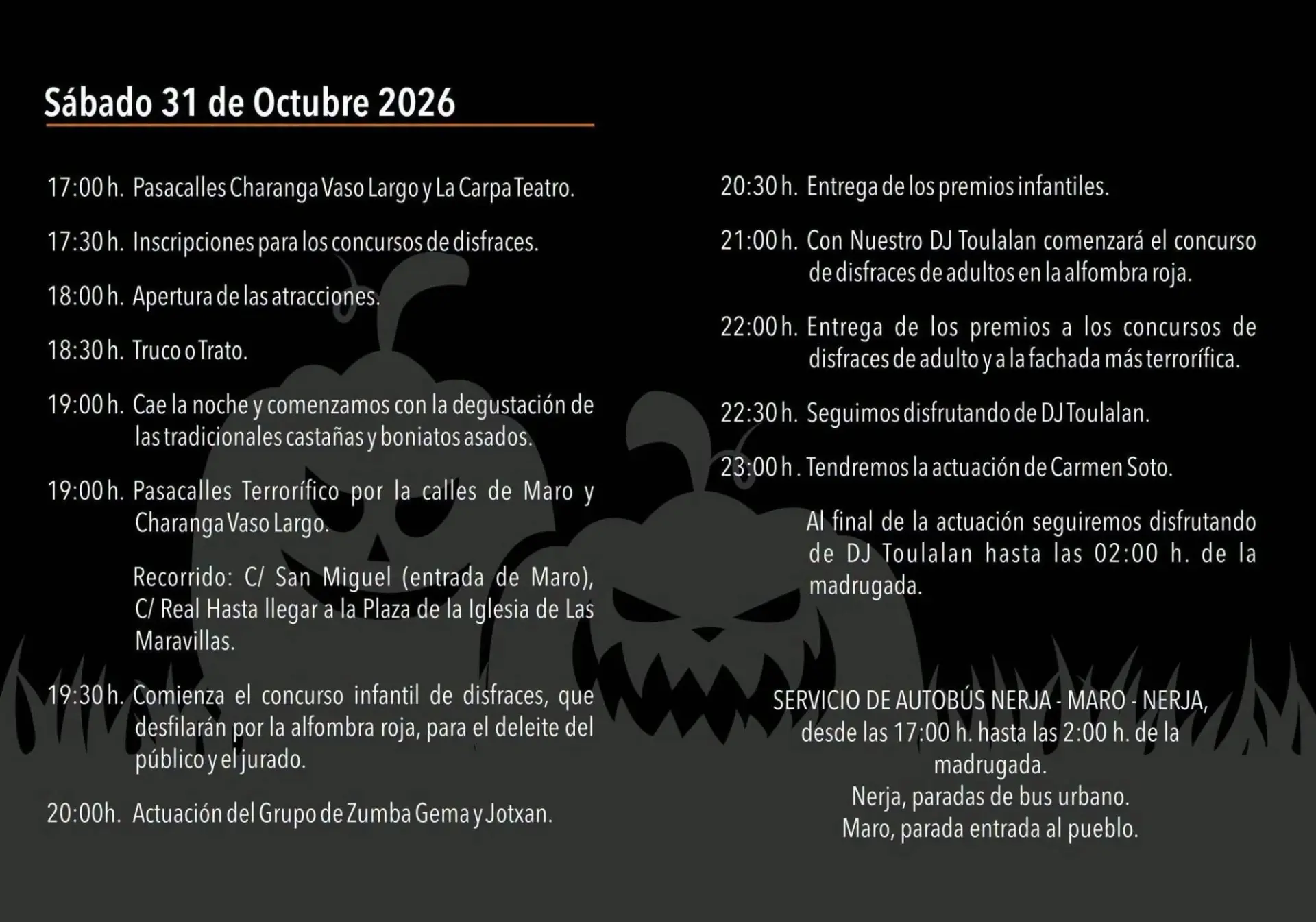 Programa de Maroween 2026, hora a hora desde las 17:00 hasta las 2:00, con el recorrido del pasacalles terrorífico (calle San Miguel, calle Real y Plaza de la Iglesia) y el servicio de autobús Nerja–Maro–Nerja. Publicado para el 31 de octubre; el horario se mantiene el 1 de noviembre
