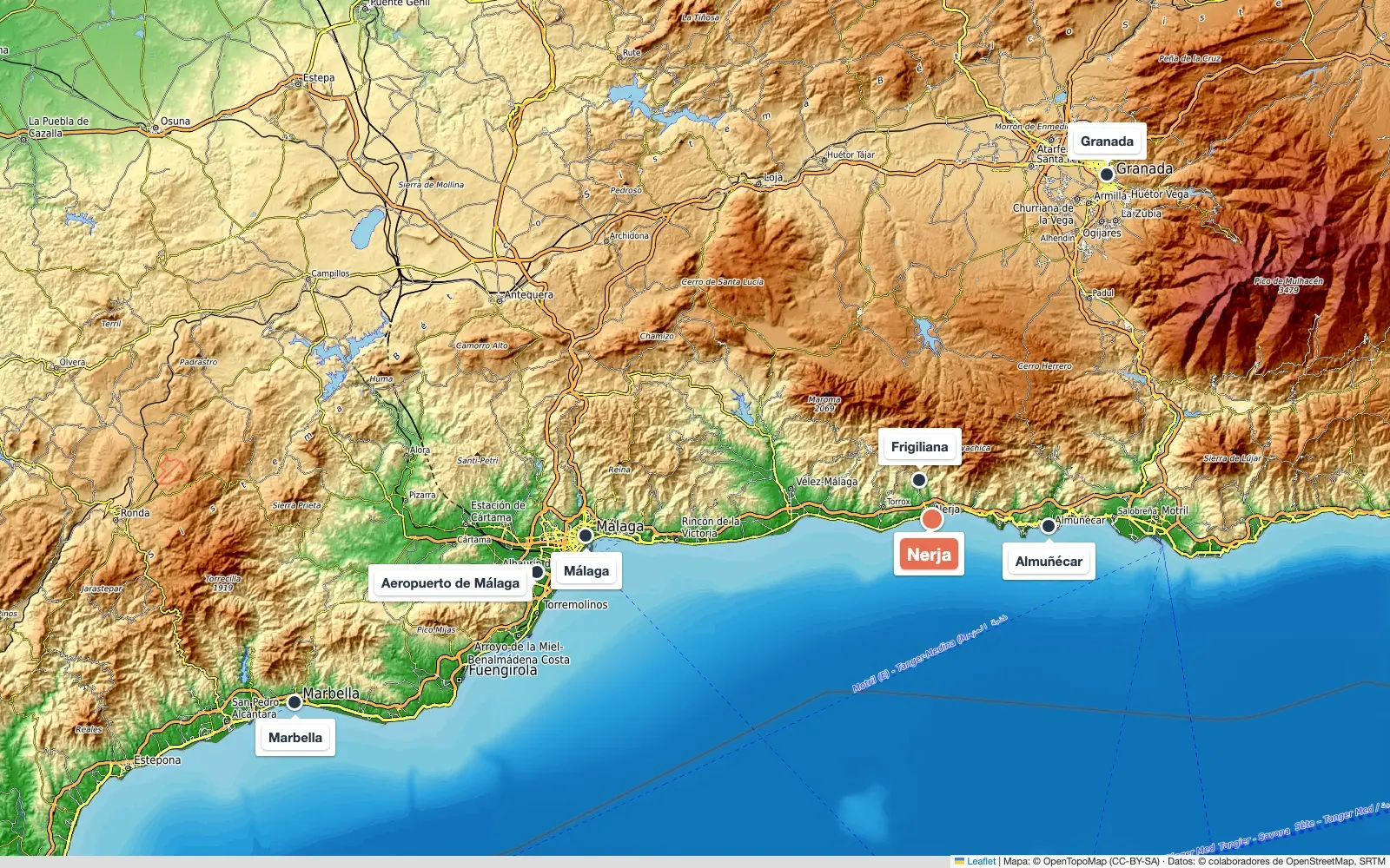 Mapa del sur de España con la situación de Nerja, al este de Málaga en la Costa del Sol