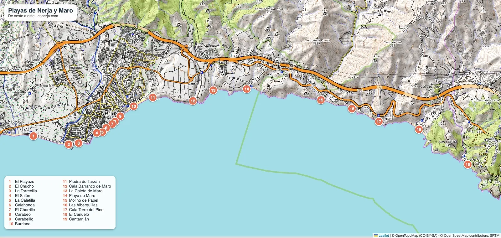 Mapa de las playas de Nerja y Maro, numeradas de oeste a este