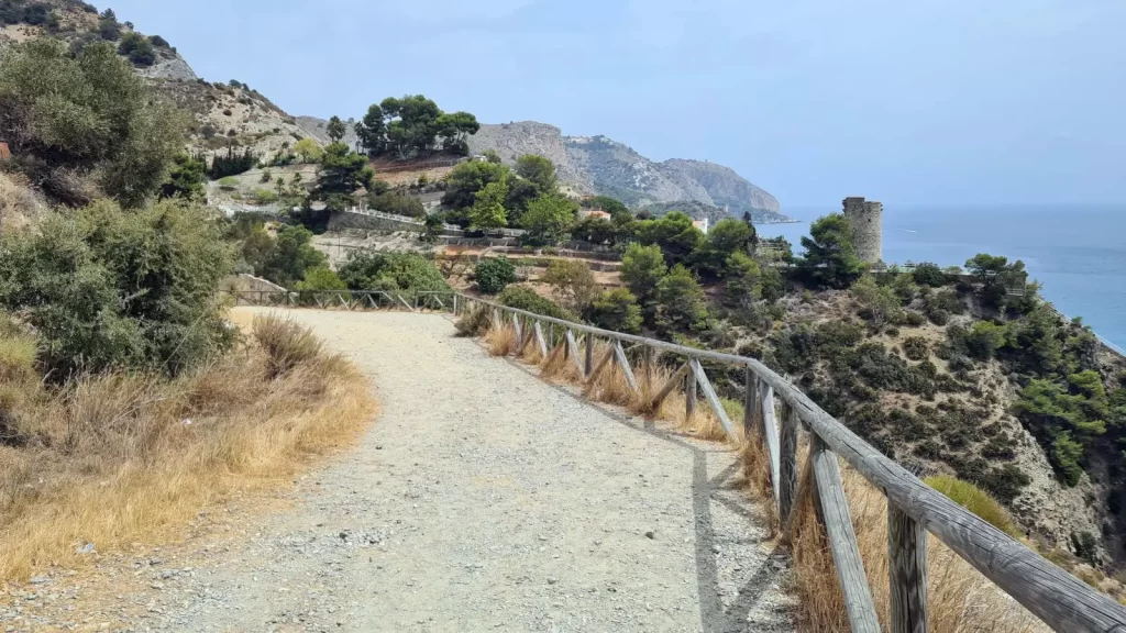 Sendero con barandilla hacia la cala de la Torre del Pino