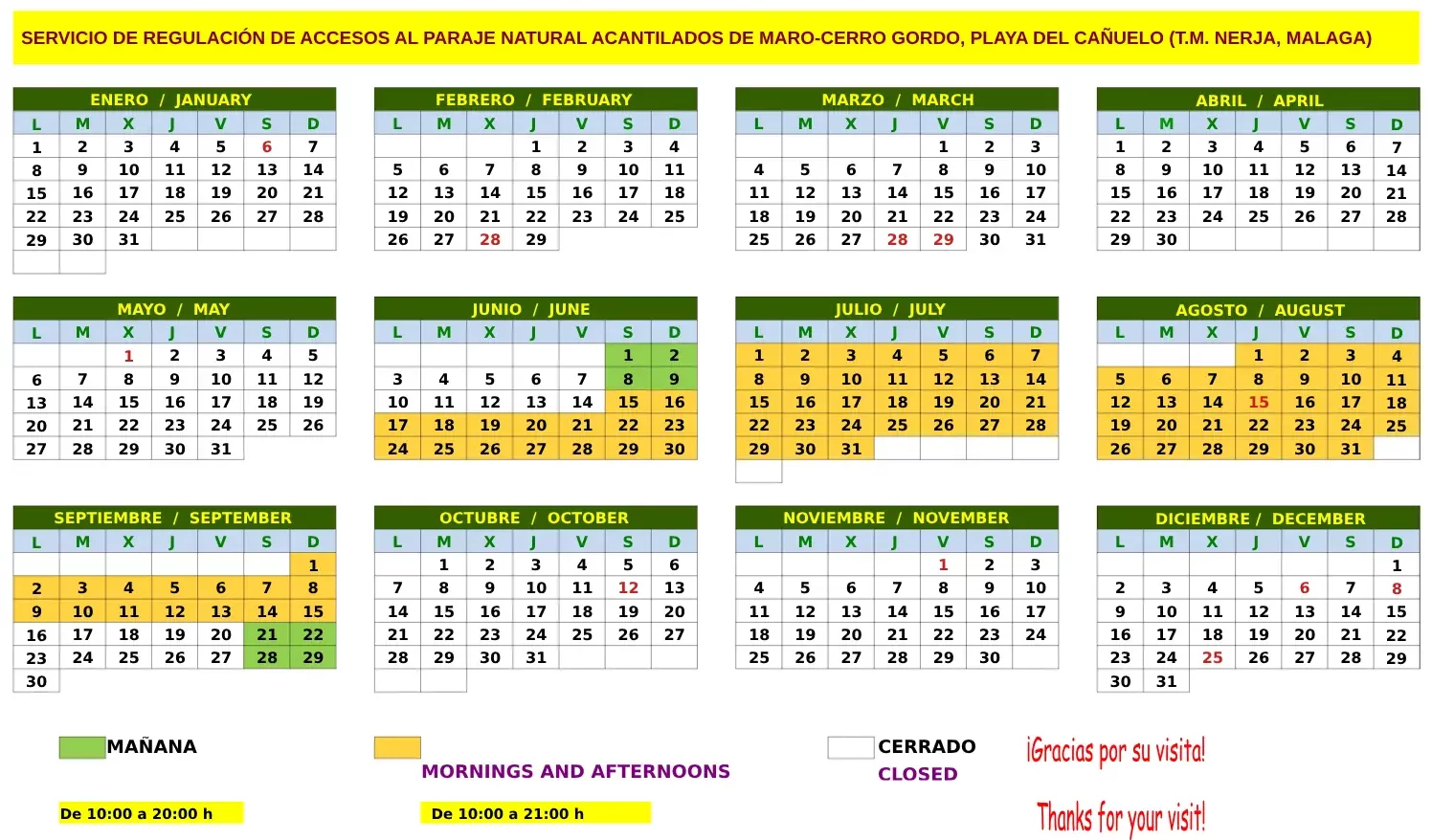 Calendario de 2024 del microbús de la playa del Cañuelo